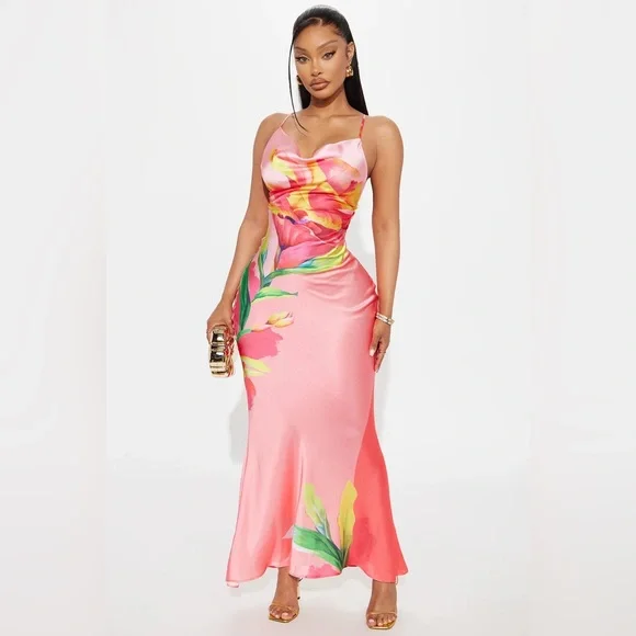 Fashion Nova Amora Floral Satin Maxi Dress - Coral/combo XS - Picture 1 of 3